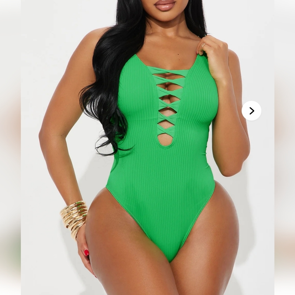 Green Ribbed Lace-Up One-Piece Swimsuit Size XL